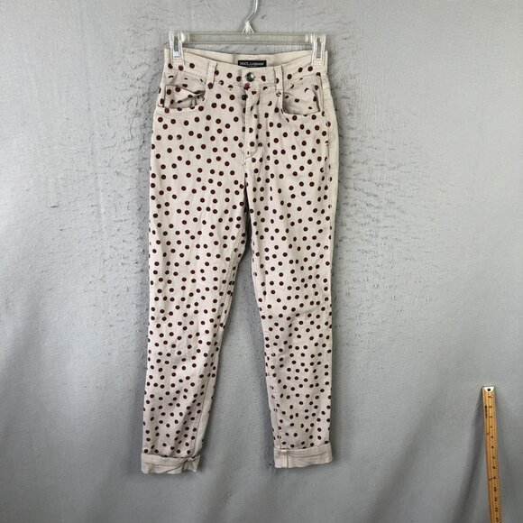 Dolce & Gabbana Jeans Womens XS Beige Polka Dot Skinny Mid Rise Marilyn Italy